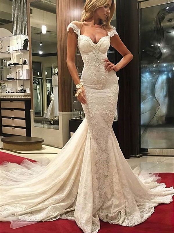 Trumpet/Mermaid V-neck Lace Tulle Appliques Lace Watteau Train Top Wedding Dresses #PWD00022577