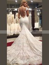 Trumpet/Mermaid V-neck Lace Tulle Appliques Lace Watteau Train Top Wedding Dresses #PWD00022577