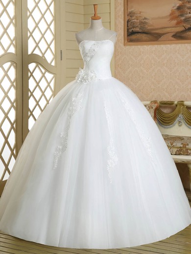 Promotion Ball Gown Tulle with Flower(s) Floor-length White Strapless Wedding Dresses #PWD00022580