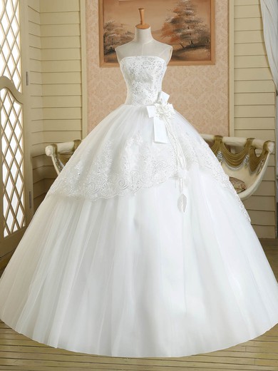 Classic Strapless Tulle Appliques Lace Floor-length White Ball Gown Wedding Dresses #PWD00022583