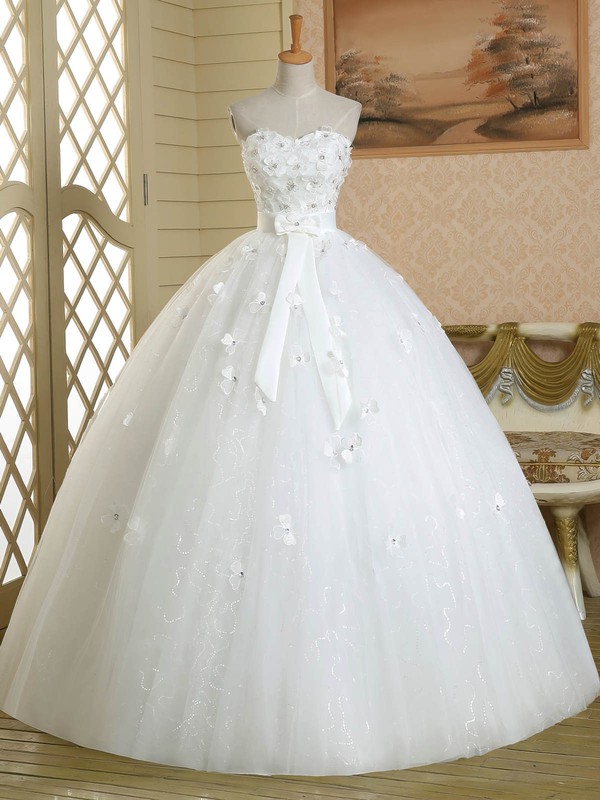 Ball Gown Sweetheart Tulle Sashes / Ribbons Floor-length Affordable White Wedding Dresses #PWD00022584