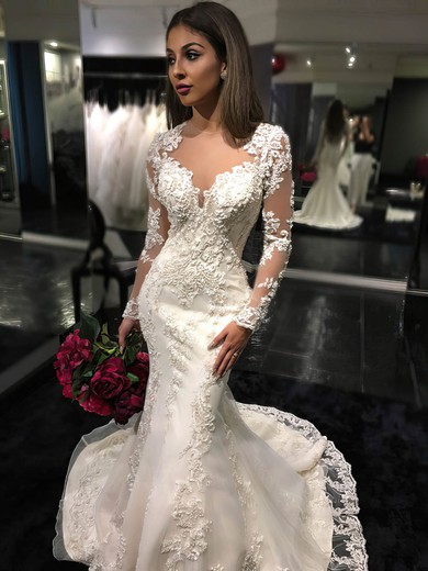Expensive Trumpet/Mermaid Scoop Neck Tulle Court Train Appliques Lace Long Sleeve Wedding Dress #PWD00022585