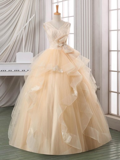 Ball Gown V-neck Satin Organza Tulle Appliques Lace Floor-length Backless Classy Wedding Dresses #PWD00022587