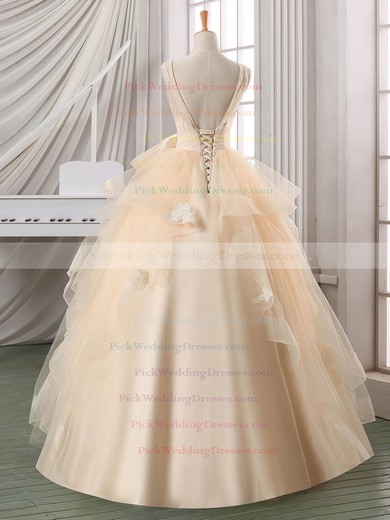 Ball Gown V-neck Satin Organza Tulle Appliques Lace Floor-length Backless Classy Wedding Dresses #PWD00022587