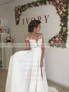 Unique A-line Scoop Neck Chiffon Tulle Appliques Lace Sweep Train Short Sleeve Wedding Dress #PWD00022588