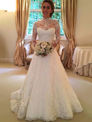 Boutique Open Back A-line Lace Sweep Train Sashes / Ribbons Long Sleeve High Neck Wedding Dresses #PWD00022590