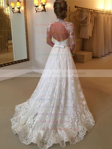 Boutique Open Back A-line Lace Sweep Train Sashes / Ribbons Long Sleeve High Neck Wedding Dresses #PWD00022590