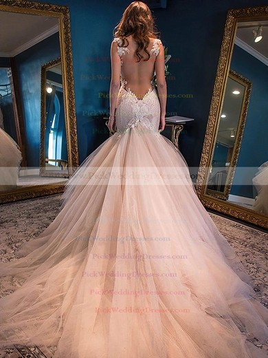 Stunning Sweetheart Tulle Appliques Lace Watteau Train Trumpet/Mermaid Wedding Dresses #PWD00022591