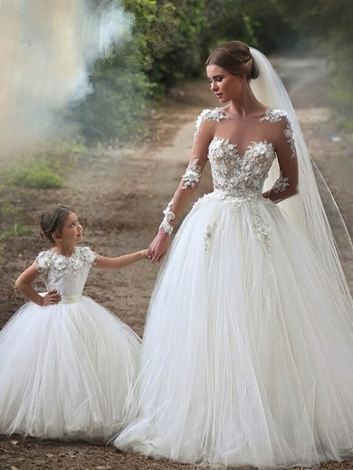Famous Scoop Neck Tulle Appliques Lace Chapel Train Long Sleeve Ball Gown Wedding Dress #PWD00022593