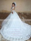 Ball Gown Scoop Neck Tulle Appliques Lace Cathedral Train Long Sleeve Amazing Wedding Dresses #PWD00022594