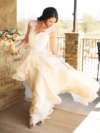 A-line Sweetheart Chiffon with Appliques Lace Sweep Train Elegant Wedding Dresses #PWD00022605