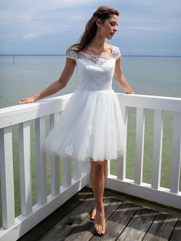 Short/Mini A-line Scoop Neck Tulle Appliques Lace Open Back Pretty Wedding Dresses #PWD00022606