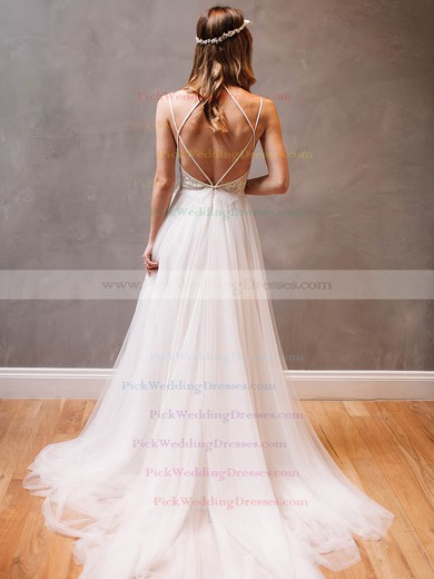 Sexy A-line Scoop Neck Tulle Appliques Lace Watteau Train Backless Wedding Dresses #PWD00022609
