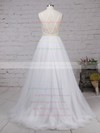 Sexy A-line Scoop Neck Tulle Appliques Lace Watteau Train Backless Wedding Dresses #PWD00022609