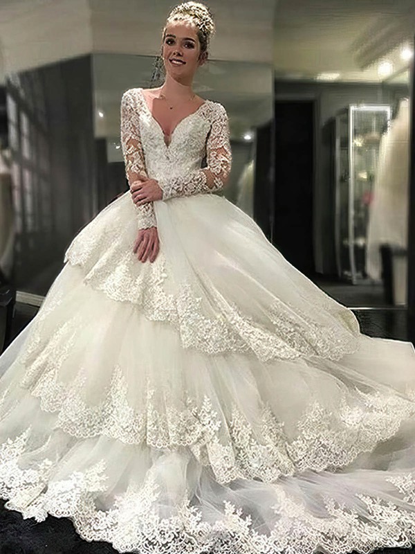 Ball Gown V-neck Tulle Appliques Lace Cathedral Train Long Sleeve Glamorous Open Back Wedding Dresses #PWD00022610