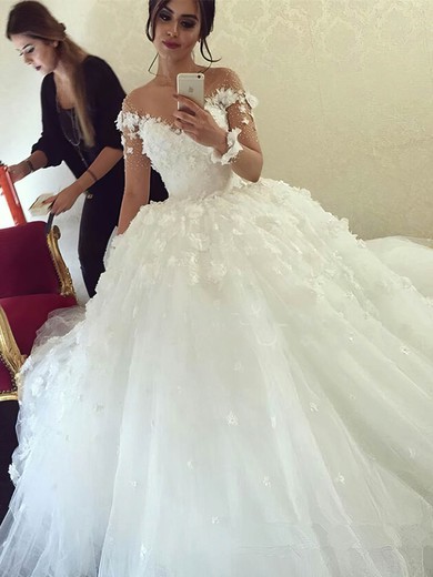 Scoop Neck Tulle Beading Sweep Train Long Sleeve Fabulous Ball Gown Wedding Dresses #PWD00022611