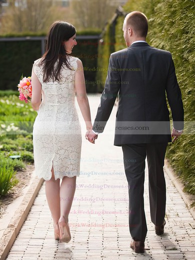 Simple Scalloped Neck Sheath/Column Lace Ruffles Knee-length Wedding Dresses #PWD00022614