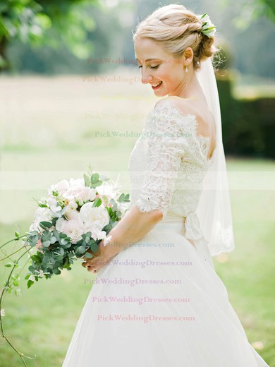 A-line Tulle with Lace Floor-length 1/2 Sleeve Off-the-shoulder Graceful Wedding Dresses #PWD00022615