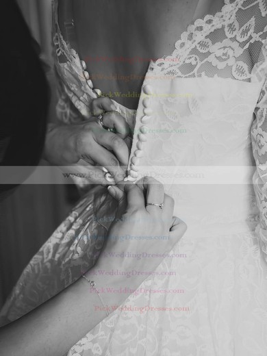 Classic A-line Scoop Neck Lace Ruffles 3/4 Sleeve Tea-length Wedding Dresses #PWD00022616