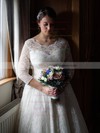 Classic A-line Scoop Neck Lace Ruffles 3/4 Sleeve Tea-length Wedding Dresses #PWD00022616
