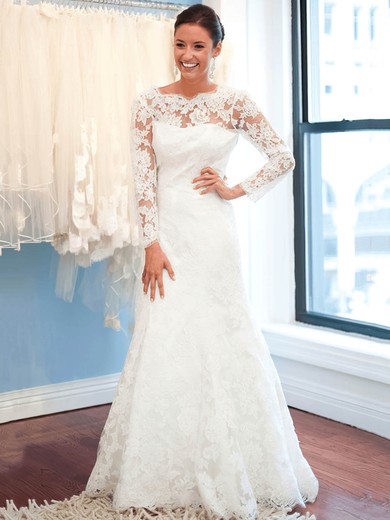 Trumpet/Mermaid Scalloped Neck Tulle Appliques Lace Sweep Train Long Sleeve Fashion Backless Wedding Dresses #PWD00022619