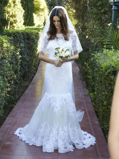 Trumpet/Mermaid Off-the-shoulder Tulle Appliques Lace Sweep Train 1/2 Sleeve Wedding Dresses #PWD00022623