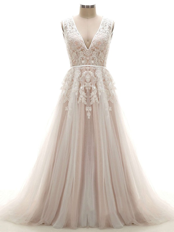 Open Back A-line V-neck Tulle Appliques Lace Court Train Original Wedding Dresses #PWD00022624
