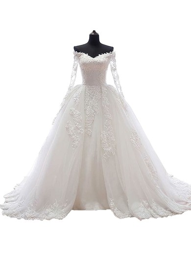 Online Ball Gown Tulle Appliques Lace Chapel Train Long Sleeve Off-the-shoulder Wedding Dresses #PWD00022625