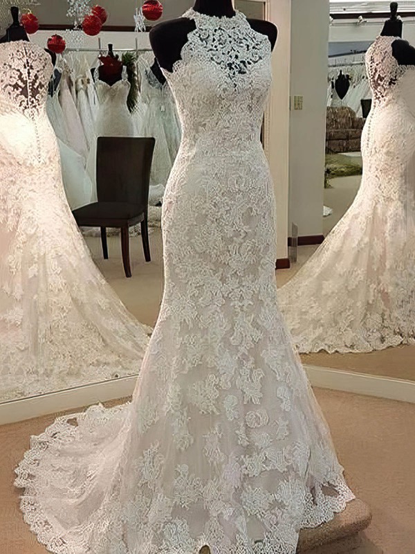 Trumpet/Mermaid Tulle Appliques Lace Sweep Train Perfect High Neck Wedding Dresses #PWD00022628