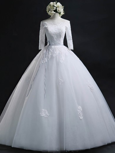 Nice Off-the-shoulder Tulle Appliques Lace Floor-length 3/4 Sleeve Ball Gown Wedding Dresses #PWD00022630