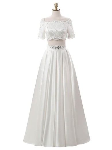 Great Two Piece A-line Satin Beading Floor-length Short Sleeve Off-the-shoulder Wedding Dresses #PWD00022634