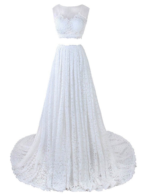 Two Piece A-line Scoop Neck Lace Tulle Appliques Lace Court Train Cheap Wedding Dresses #PWD00022635