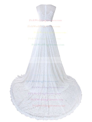 Two Piece A-line Scoop Neck Lace Tulle Appliques Lace Court Train Cheap Wedding Dresses #PWD00022635