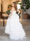 New Style A-line Sweetheart Tulle Cascading Ruffles Sweep Train Wedding Dresses #PWD00022636