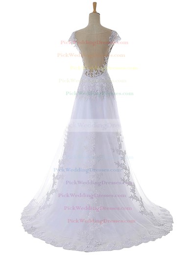 Original A-line V-neck Cap Straps Tulle Appliques Lace Sweep Train Wedding Dresses #PWD00022641