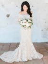 Latest Off-the-shoulder Tulle Appliques Lace Sweep Train Long Sleeve Trumpet/Mermaid Wedding Dresses #PWD00022642