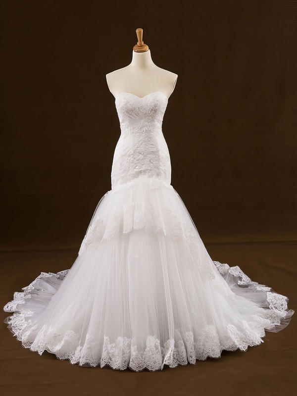 Custom Sweetheart Tulle Appliques Lace Court Train Trumpet/Mermaid Wedding Dresses #PWD00022648