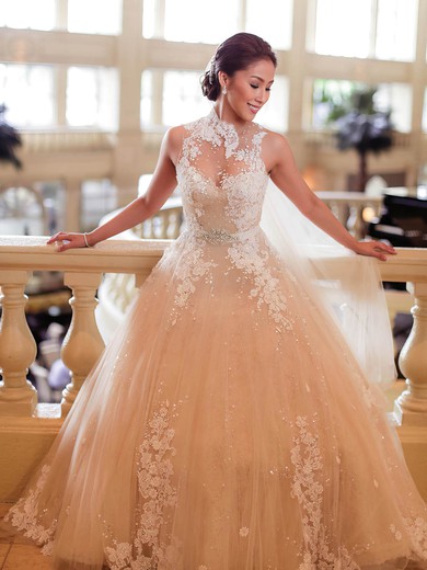 Stunning Ball Gown Tulle Appliques Lace Sweep Train High Neck Wedding Dresses #PWD00022650