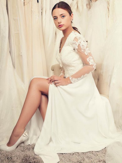 Fashion Backless A-line V-neck Tulle Chiffon Appliques Lace Floor-length Long Sleeve Wedding Dresses #PWD00022652