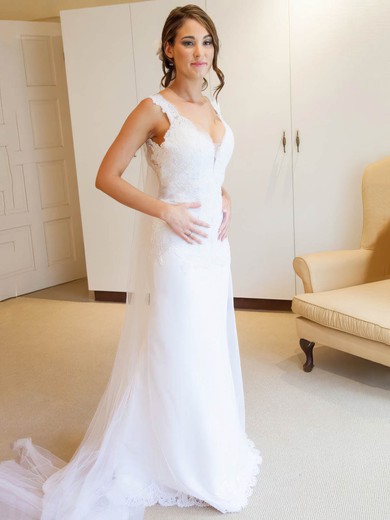 Beautiful V-neck Sheath/Column Tulle Appliques Lace Sweep Train Backless Wedding Dresses #PWD00022654