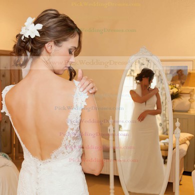 Beautiful V-neck Sheath/Column Tulle Appliques Lace Sweep Train Backless Wedding Dresses #PWD00022654