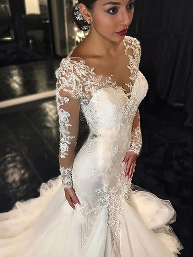 Scoop Neck Tulle Appliques Lace Court Train Long Sleeve Sexy Trumpet/Mermaid Wedding Dresses #PWD00022656