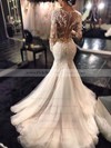 Scoop Neck Tulle Appliques Lace Court Train Long Sleeve Sexy Trumpet/Mermaid Wedding Dresses #PWD00022656