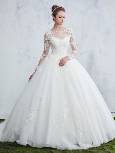Beautiful Scoop Neck Tulle Appliques Lace Sweep Train Ball Gown Long Sleeve Wedding Dresses #PWD00022657