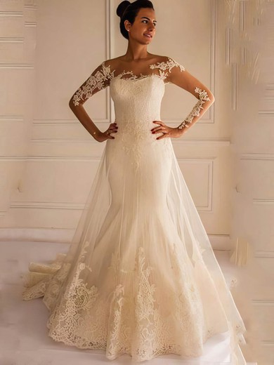 Scoop Neck Tulle Appliques Lace Court Train Long Sleeve Backless Elegant Trumpet/Mermaid Wedding Dresses #PWD00022658