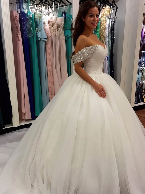 Glamorous Ball Gown Tulle with Beading Cathedral Train Off-the-shoulder Wedding Dresses #PWD00022659