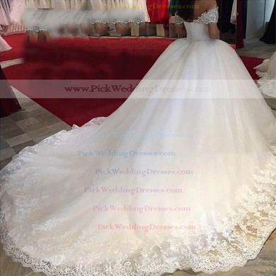 Glamorous Ball Gown Tulle with Beading Cathedral Train Off-the-shoulder Wedding Dresses #PWD00022659