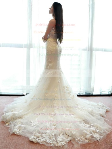 Fabulous Strapless Tulle Appliques Lace Sweep Train Trumpet/Mermaid Wedding Dresses #PWD00022660