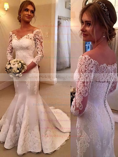 Trumpet/Mermaid Satin Tulle Appliques Lace Sweep Train 3/4 Sleeve Modest Off-the-shoulder Wedding Dresses #PWD00022661