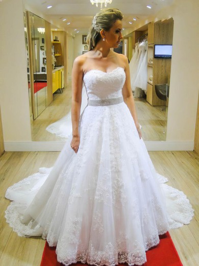 A-line Sweetheart Tulle with Appliques Lace Chapel Train Beautiful Wedding Dresses #PWD00022663